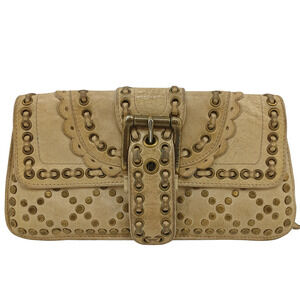 Isabella Fiore Beige Studded Leather Clutch Purse Boho Western Buckle Bag VTG